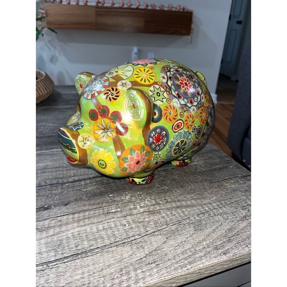 Vintage Folk Art Ceramic Mexican Pottery Piggy Bank Painted Old Retro Flowers 60